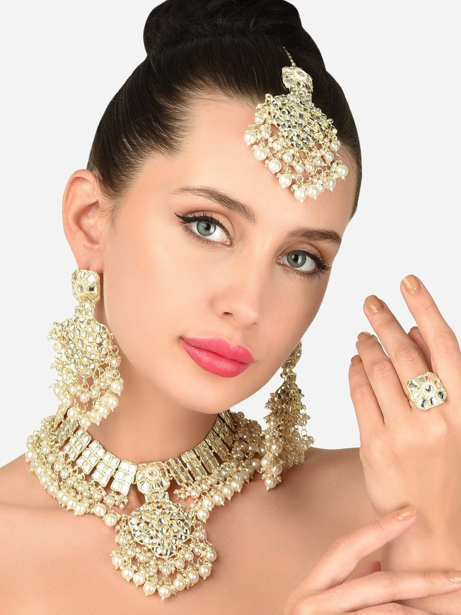 Zaveri Pearls Gold Tone Kundan & Pearls Necklace, Earring, Maangtikka & Ring Set