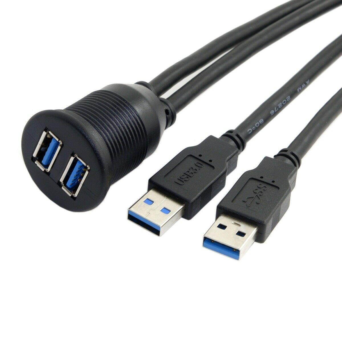 Dual USB 3.0 Male to Female Extension Data and Power Charge Cable with Waterproof Shell Mount Black 2m