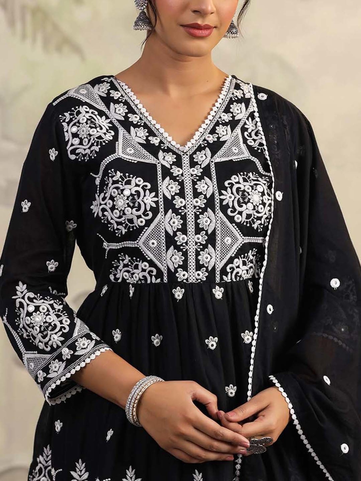 SCAKHI Intense Black Cotton Embroidered Kurti Sharara Set With Dupatta