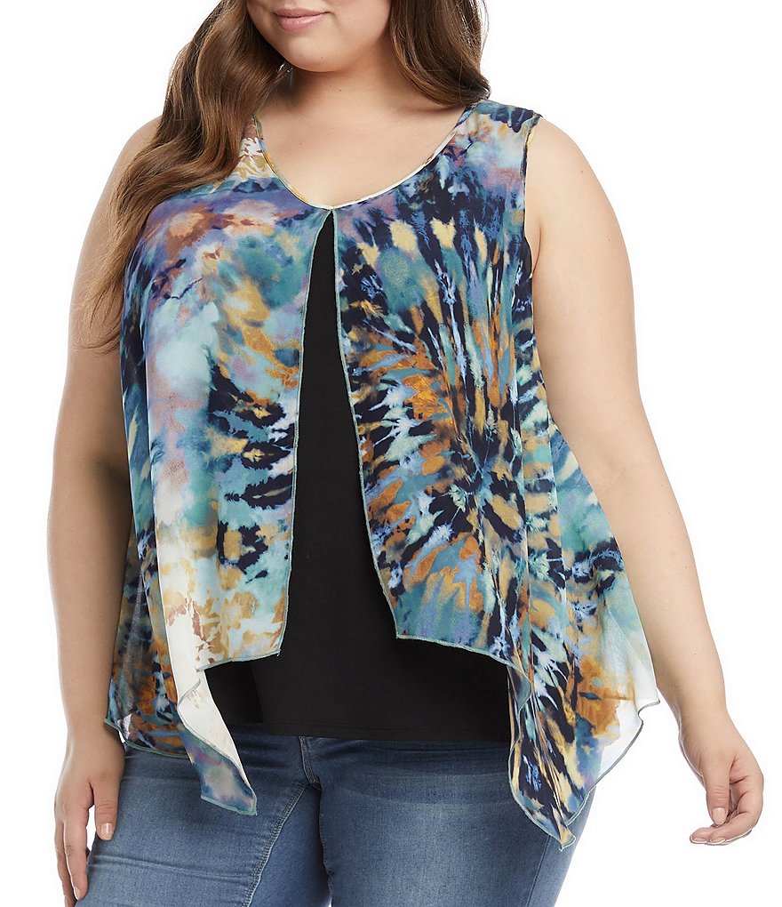 Karen Kane Plus Size Tie Dye Print Overlay Round V-Neck Sleeveless Top