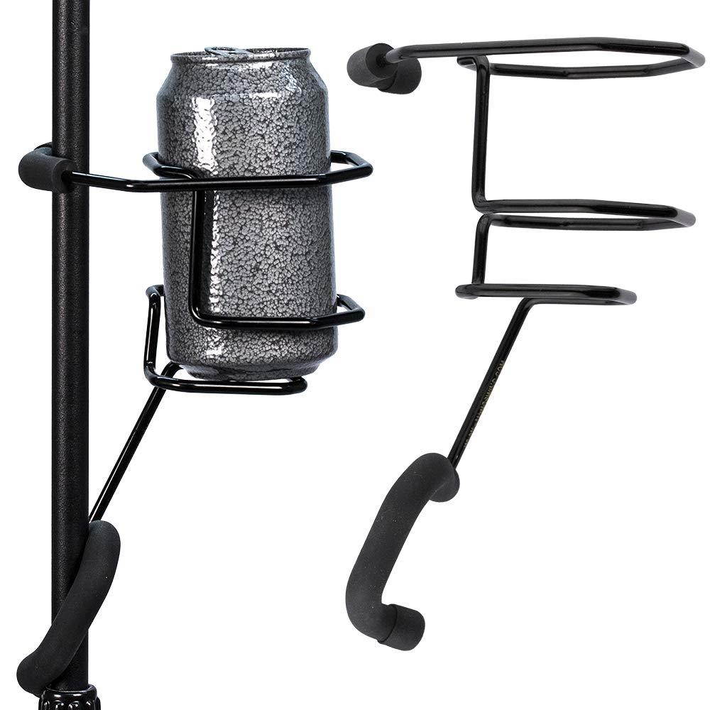 Mic Stand Drink Holder - Microphone & Cymbal Pole Stagehand Music Mount for Soft Beverages Soda Can Coffee or Tea Cup and Water Bottle - Black Heavy Duty Studio Quality Made in USA - String Swing SH01