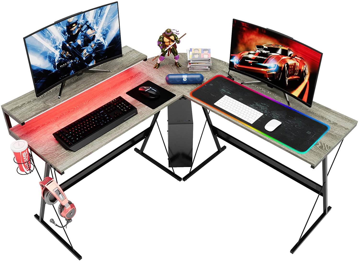 Bestier 55.2" Gaming Desk Racing Style PC Computer Desk L-Shaped Desk Corner Home Office Table with Ergonomic Monitor Stand & RGB Strip Light & Multifunctional Hook (Black Carbon Fiber)