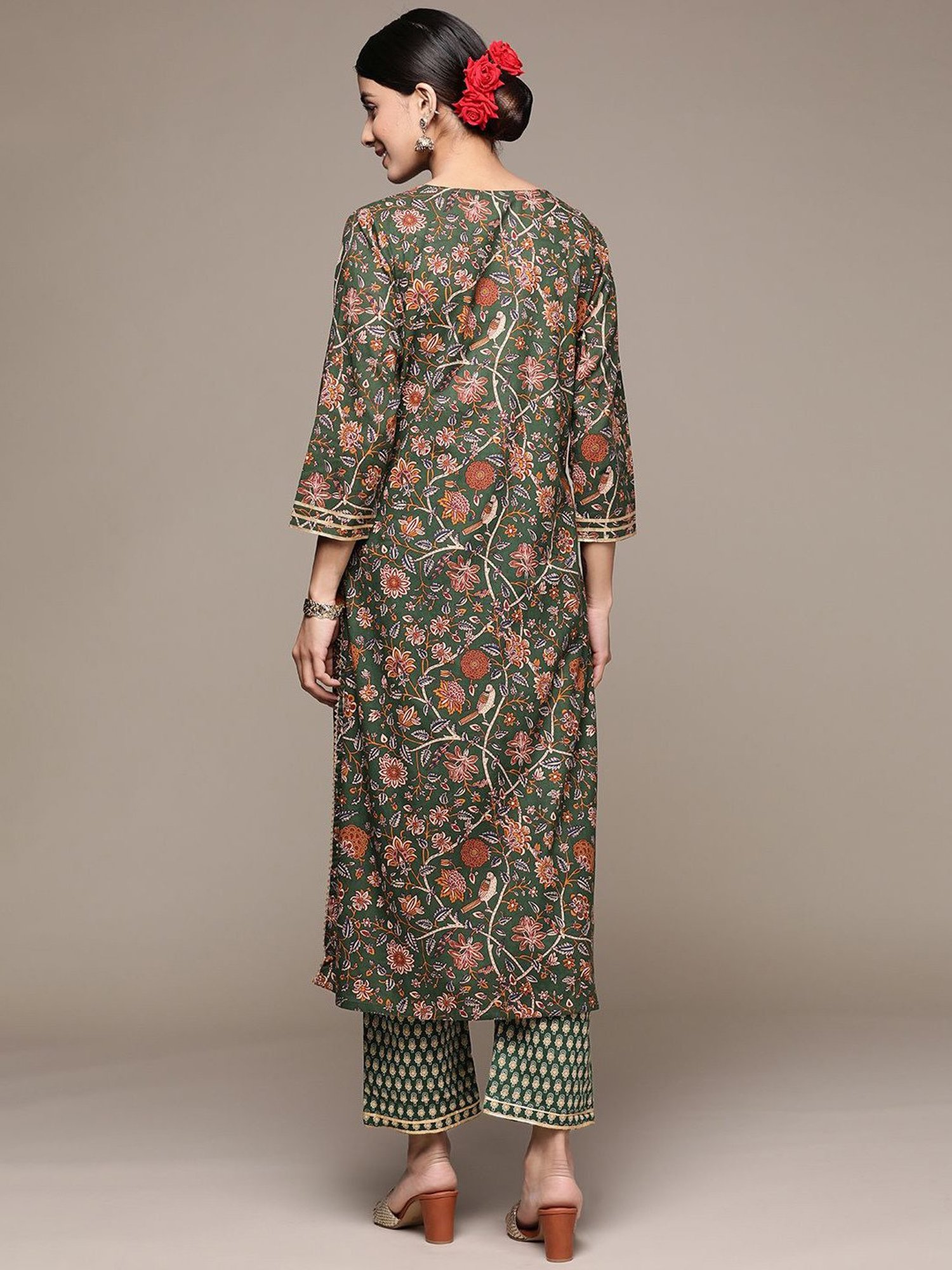 Anubhutee Green Cotton Floral Print Kurta Palazzo Set