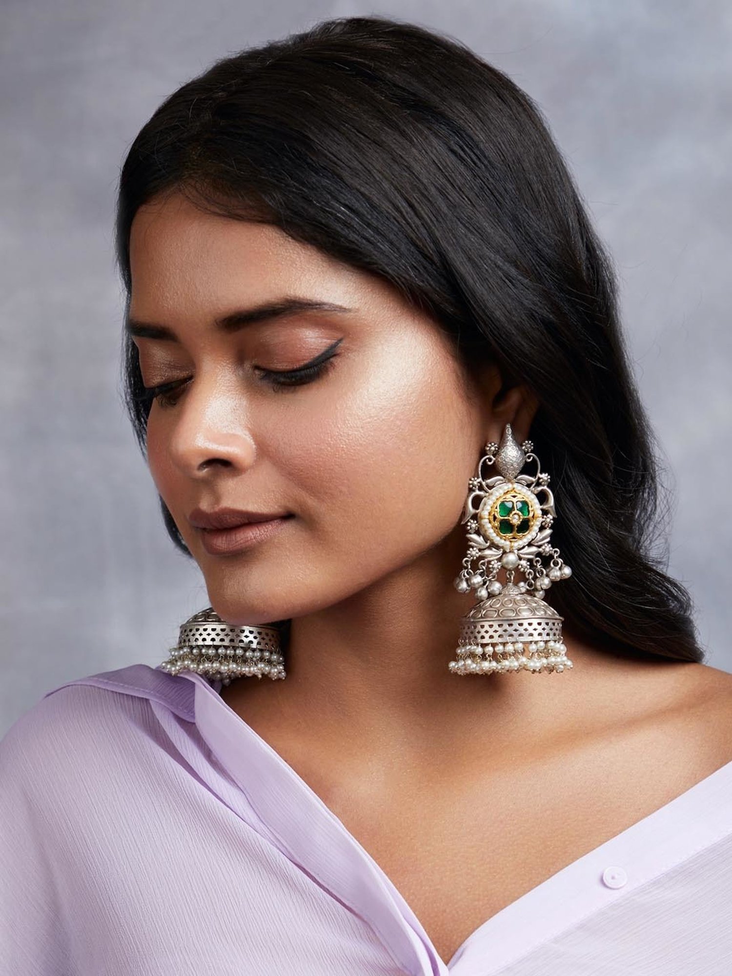 Curio Cottage Aria Dual Tone Vintage Green Jhumki Earrings