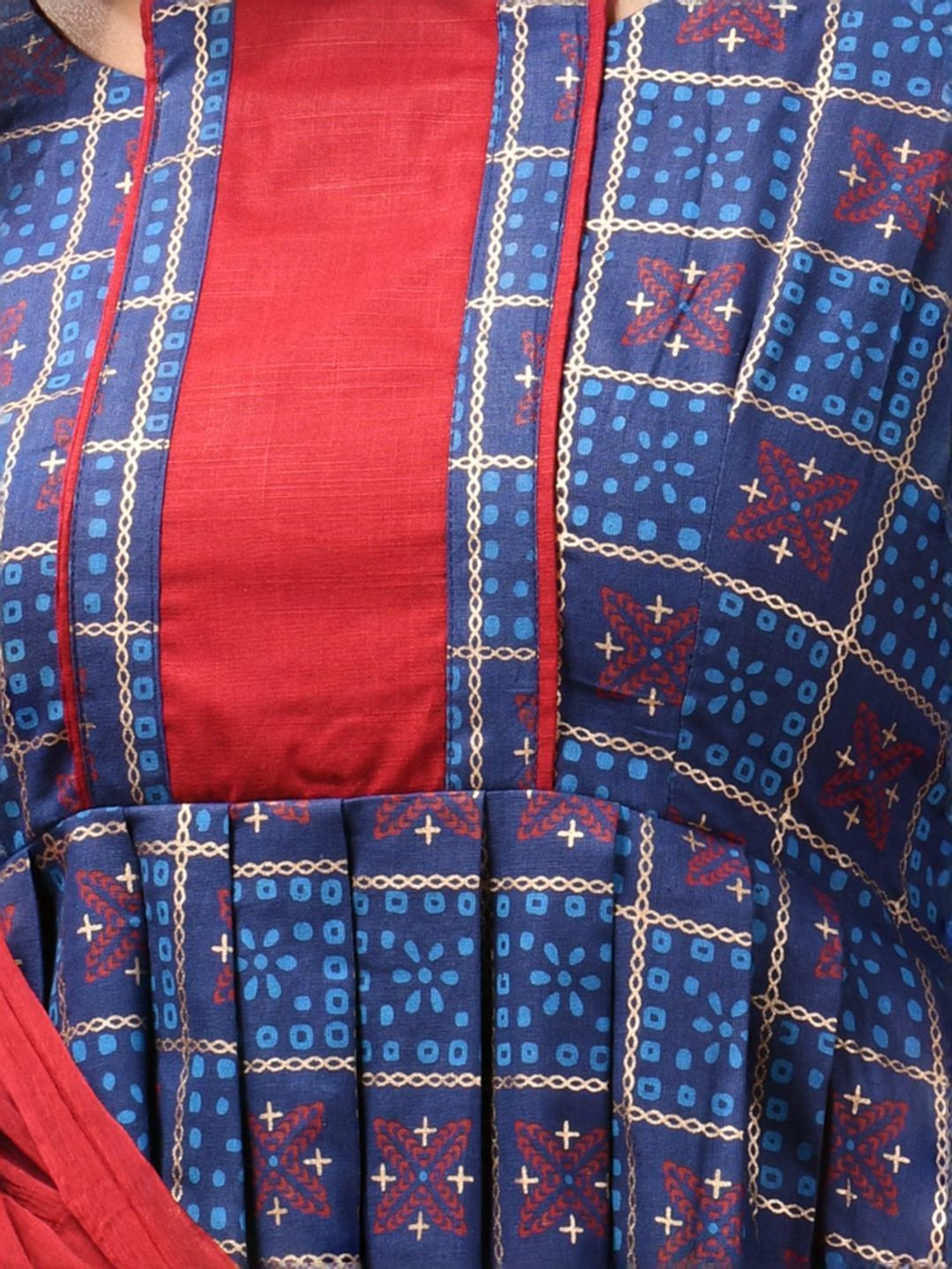 Charukriti Blue & Red Cotton Printed Kurta Pant Set With Dupatta