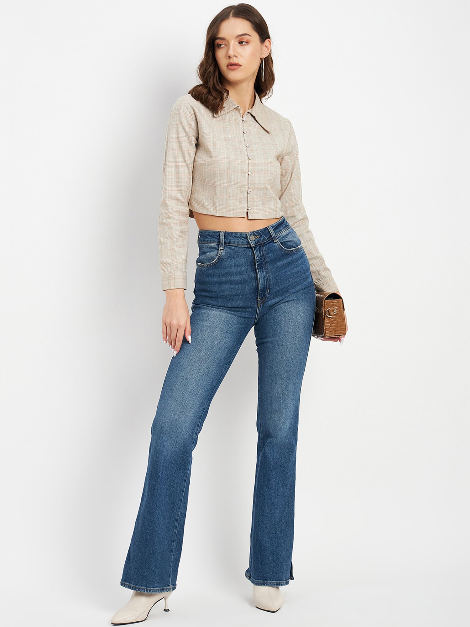 MADAME Beige Checks Crop Top