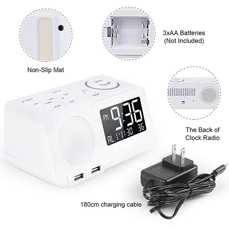 Alarm Clock Radio Clock 2 Alarms Dual USB Charging Port Snooze Founction for Bedroom (D-Old)