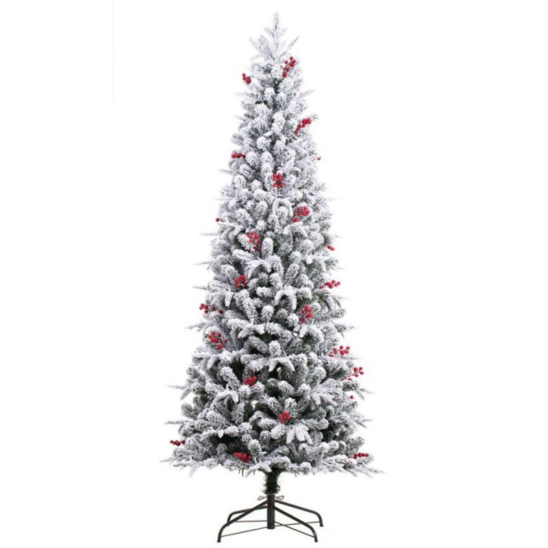 Haute Decor 7 Foot Lexington Slim Artificial Indoor Flocked Fir Tree with 1400 Warm White LED Lights and 34 Red Berry Clusters, Green