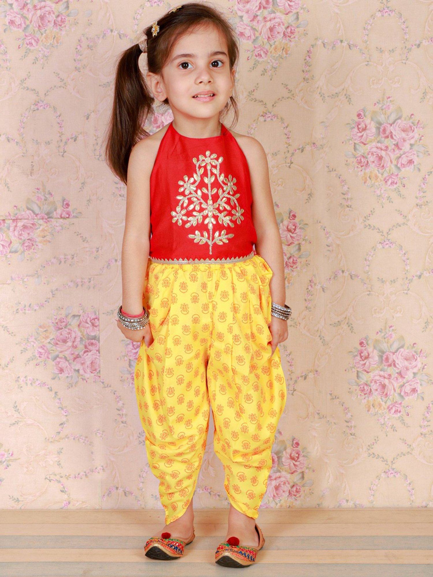 TWISHA Kids Red & Yellow Embellished Top with Dhoti