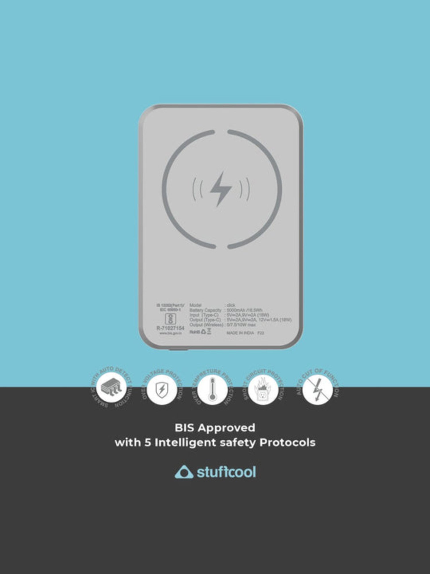 Stuffcool Click 5000mAh Magnetic Wireless Powerbank (Grey)