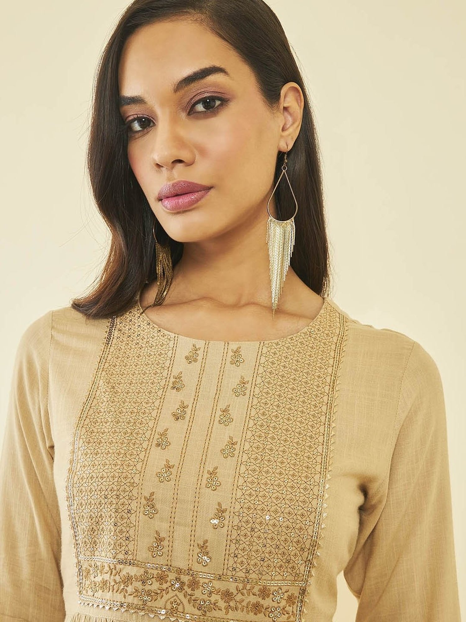 Soch Beige Rayon Slub Floral Embroidered Tunic with Sequin Embellishments