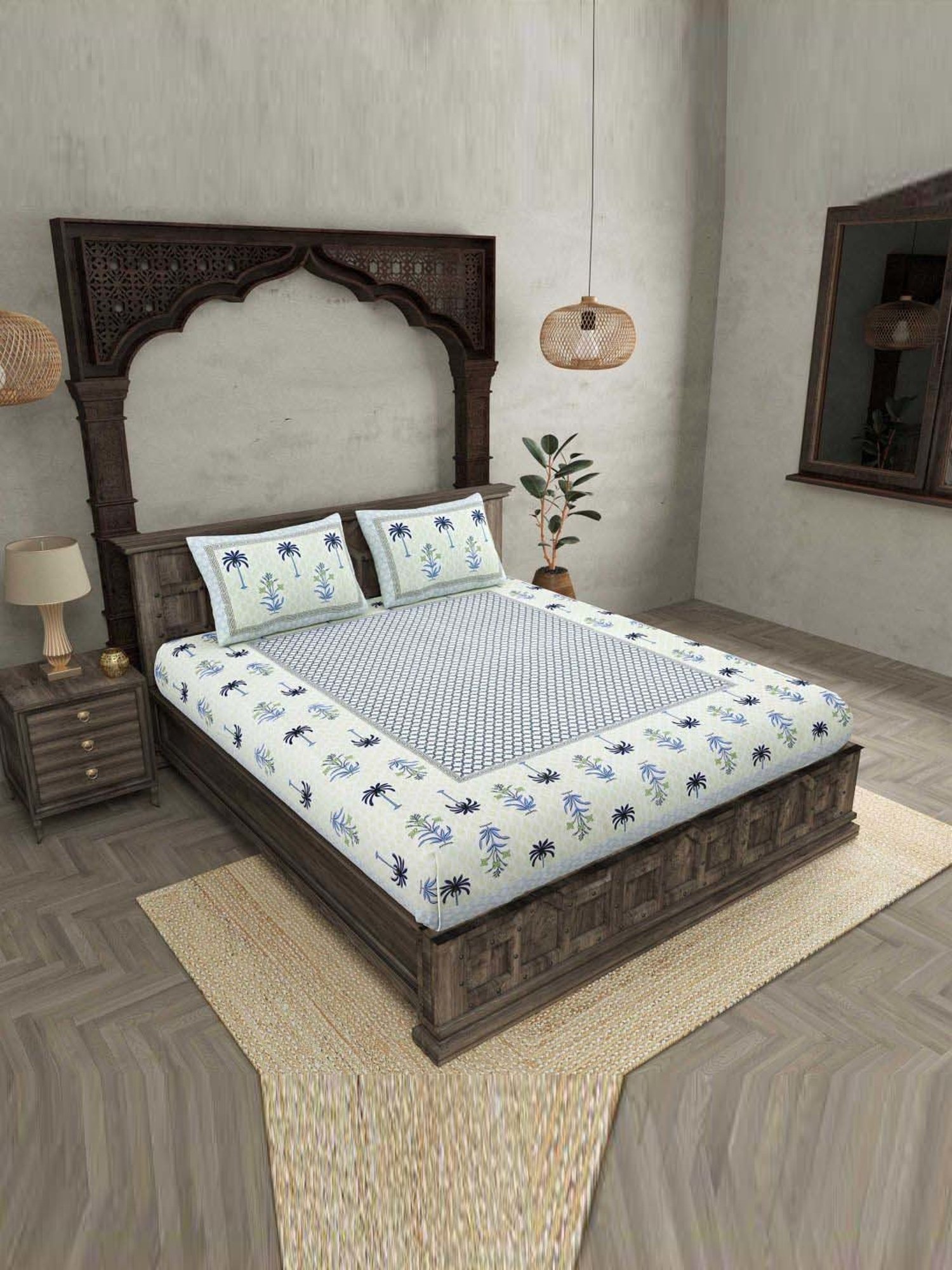 JaipurFabric Blue & White Cotton 180 TC Double Bedsheet with 2 Pillow Covers