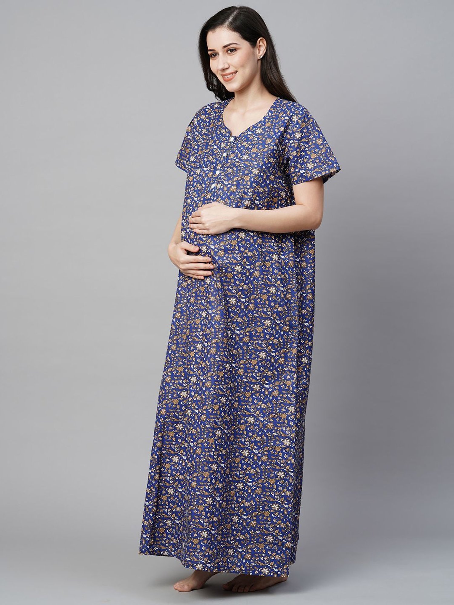 MomToBe Blue Cotton Printed Feeding Nighty