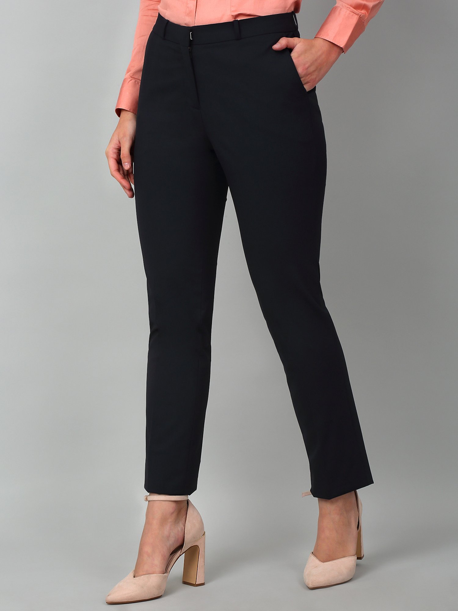 Cantabil Navy Cotton Lycra  Regular Fit Mid Rise Trousers