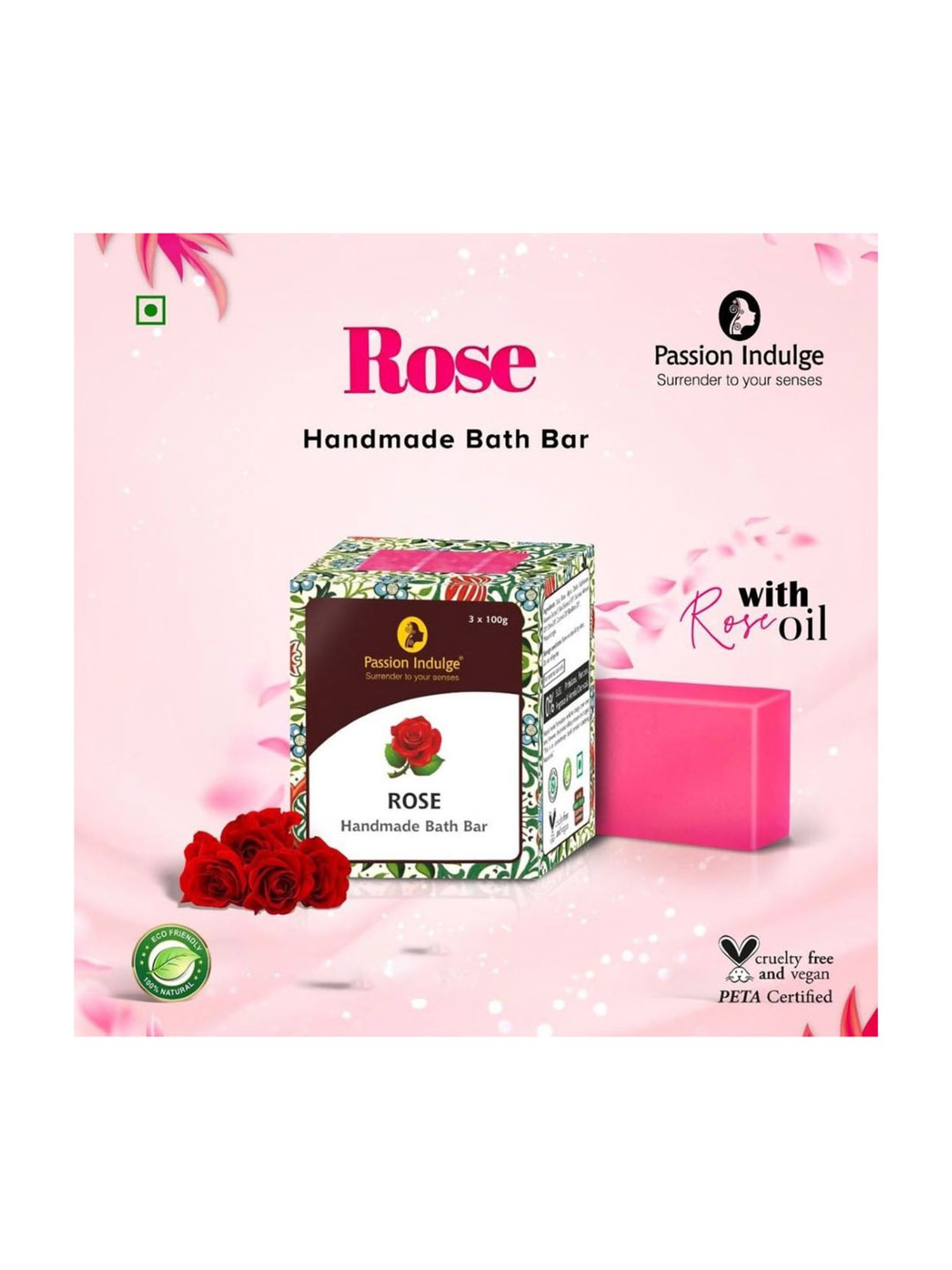 Passion Indulge Natural Handmade Bath Bar Soap Rose - 300 gm (Pack of 3)
