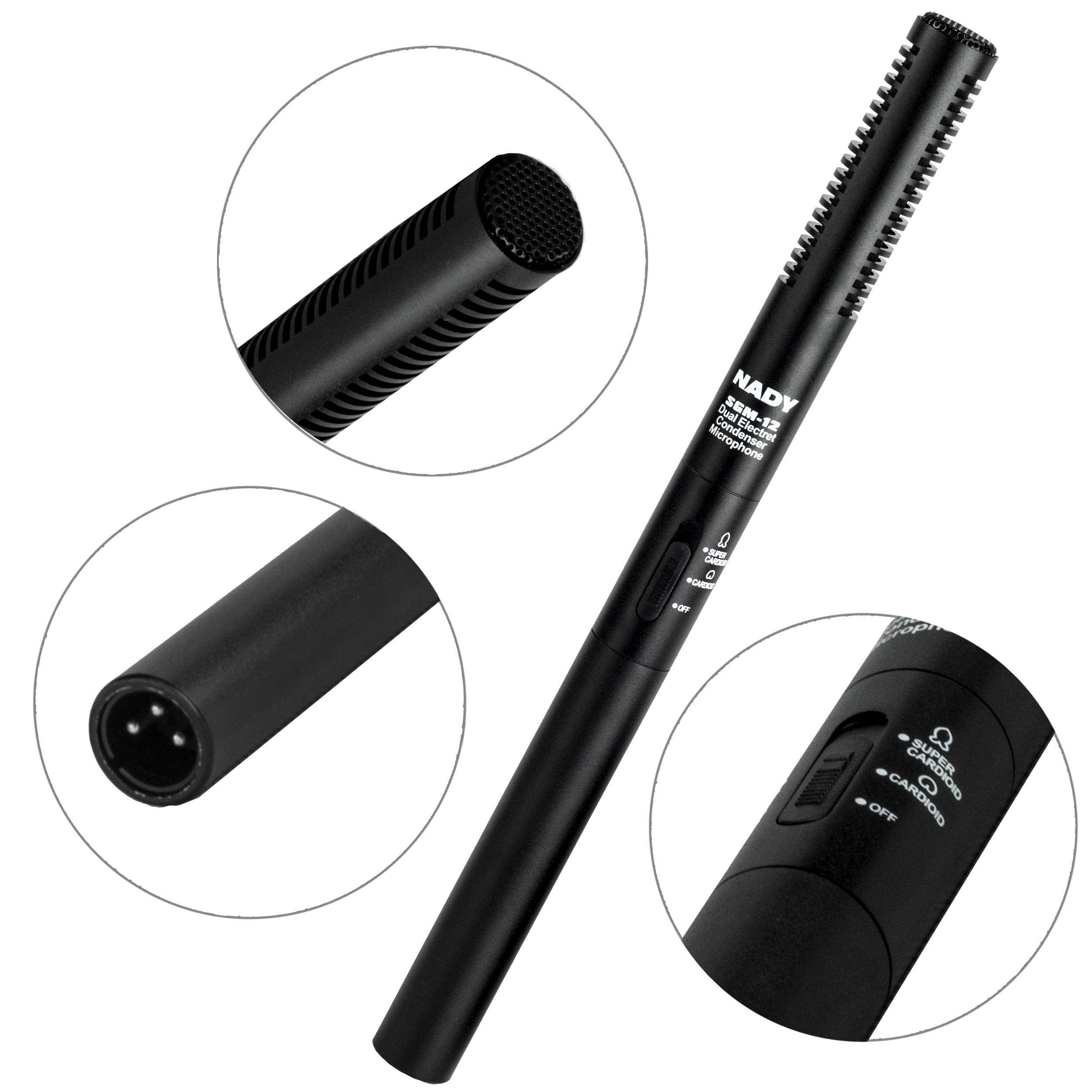 Nady SGM-12 Condenser Shotgun Microphone - Selectable polar pattern, mountable to video cameras for speech and instrument recording, powered with an AA battery