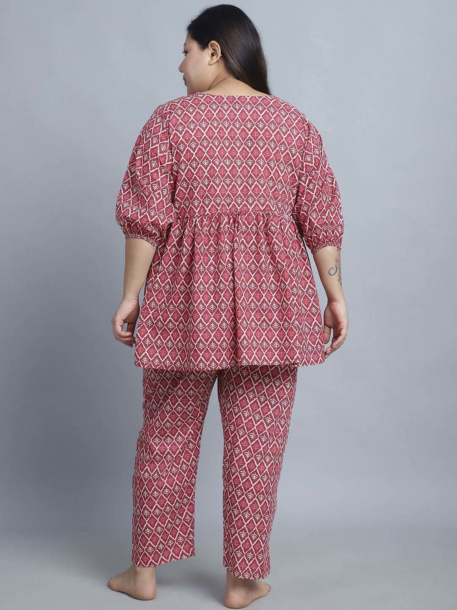 TAG 7 Maroon Cotton Printed Top Pyjamas Set