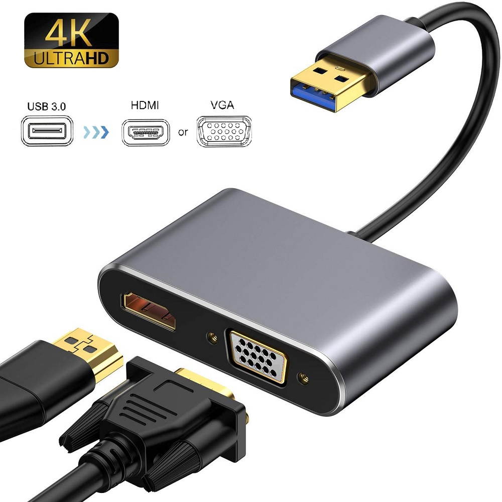 USB 3.0 to HDMI VGA Adapter 5Gbps 4K and 1080P Multi-Display 2in1 Converter Audio Video Cable For Macbook Computer,with Mac OS/Windows XP/Vista/7/8/10