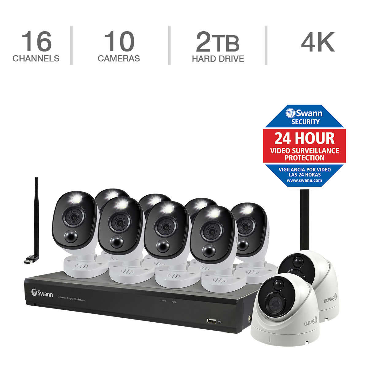 Swann 4K DVR Security Kit with 16 Channel DVR, 8 Sensor Warning Light Cams and 2 Dome Cams COD16-55802D8WLWF-US Surveillance Camera 16 Channels 10 Cameras 2TB 4K UHD