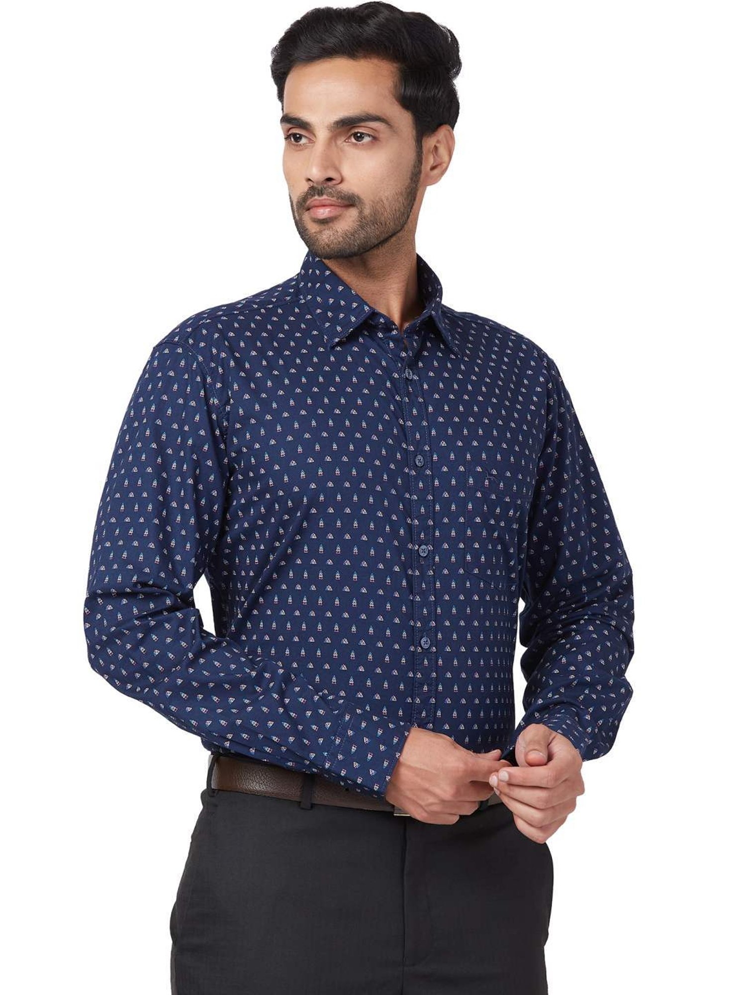 Parx Blue Cotton Slim Fit Printed Shirt