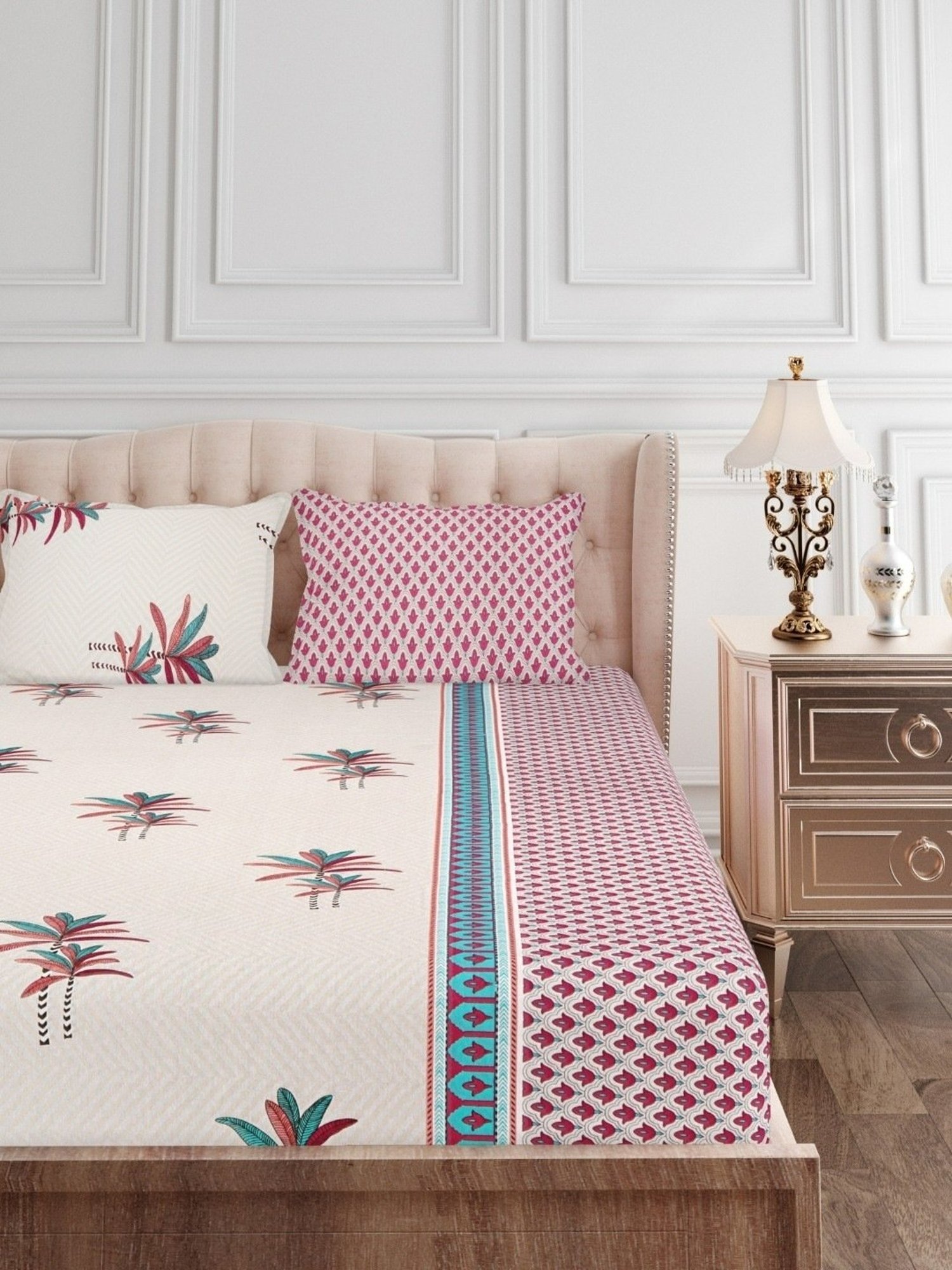 SEJ by Nisha Gupta Abstract Pink 144 TC Cotton Double Bed Sheet with 2 Pillow Covers