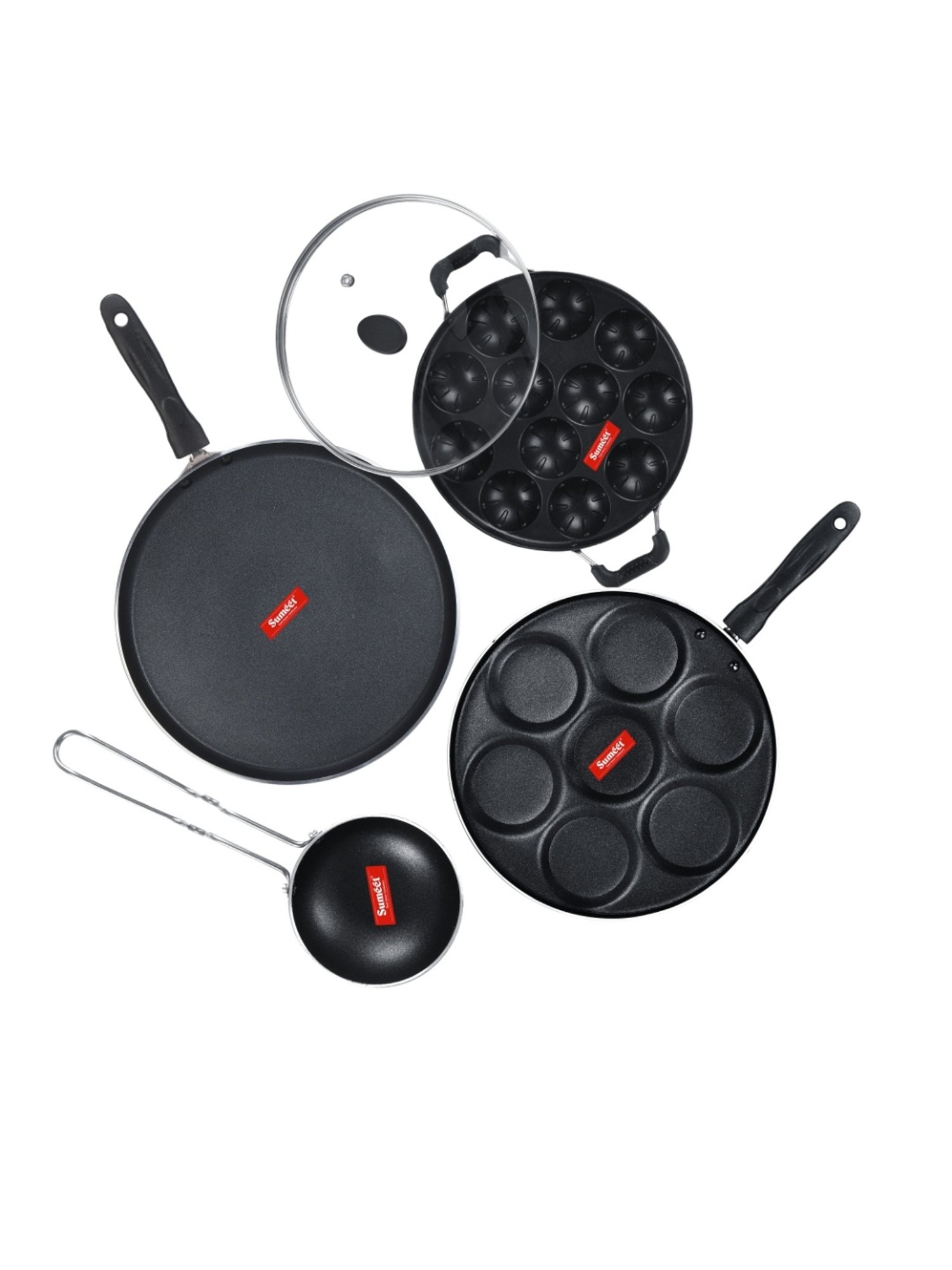 Sumeet NonStick Cookware Set(Dosa Tawa+Multi Snack Maker+Grill Appam Patra with Glass Lid+Tadka pan)