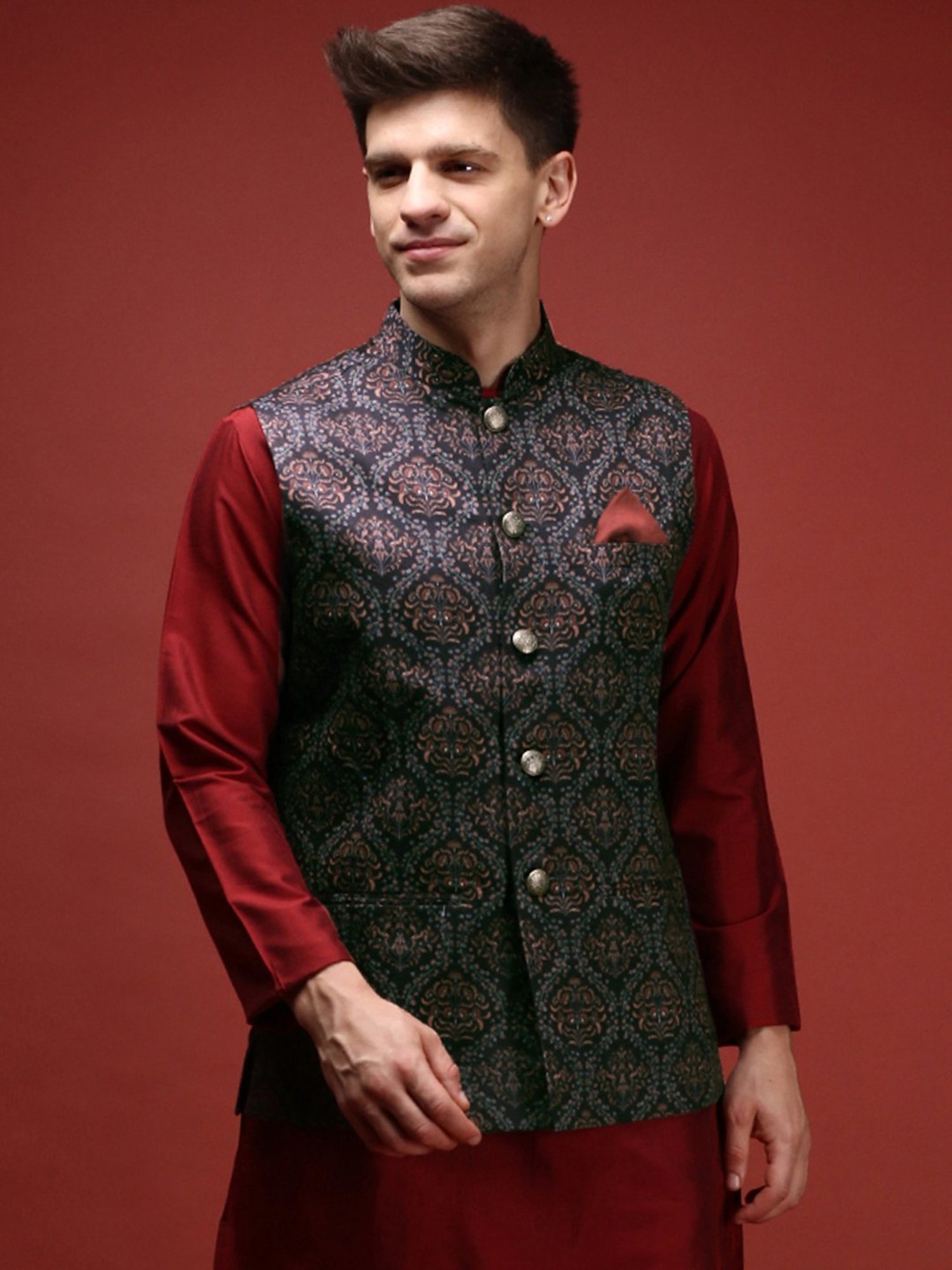 Kisah Multicolored Regular Fit Printed Nehru Jacket
