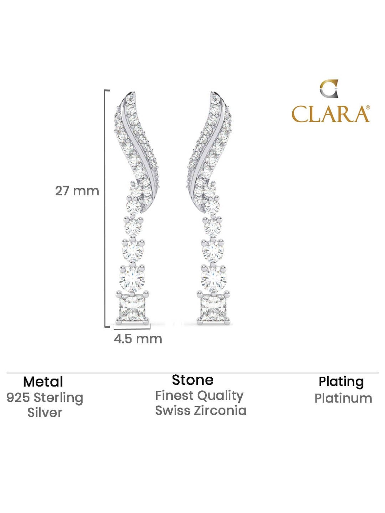 Clara 925 Silver Platinum Plated Swiss Zirconia Wave Drop Earrings Gift for Women