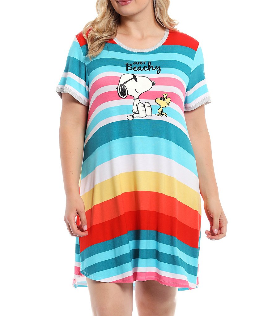 Peanuts Plus Size Striped Joe Cool & Woodstock Print Knit Sleepshirt