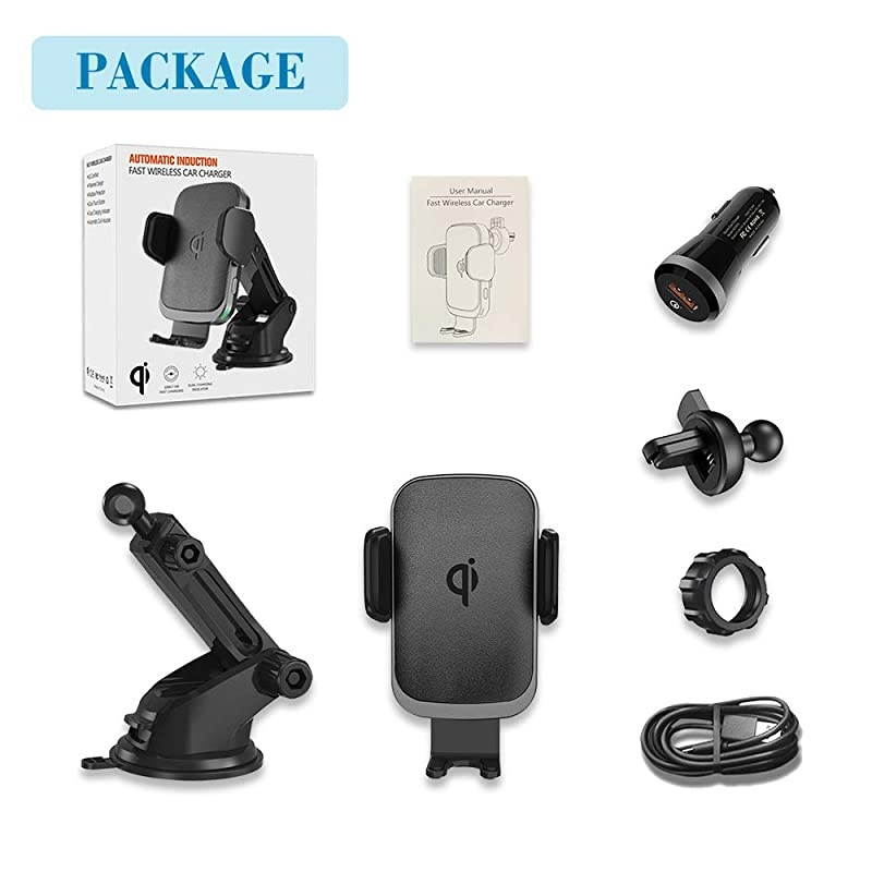 Wireless Charger Car Mount for iPhone 11ProMax iPhone SE XSX Note 10Plus Note 9 S10+S10 Fast Charging Auto Clamp Qi Phone Holder for VentWindshieldDashboard by QC Adaptor Included
