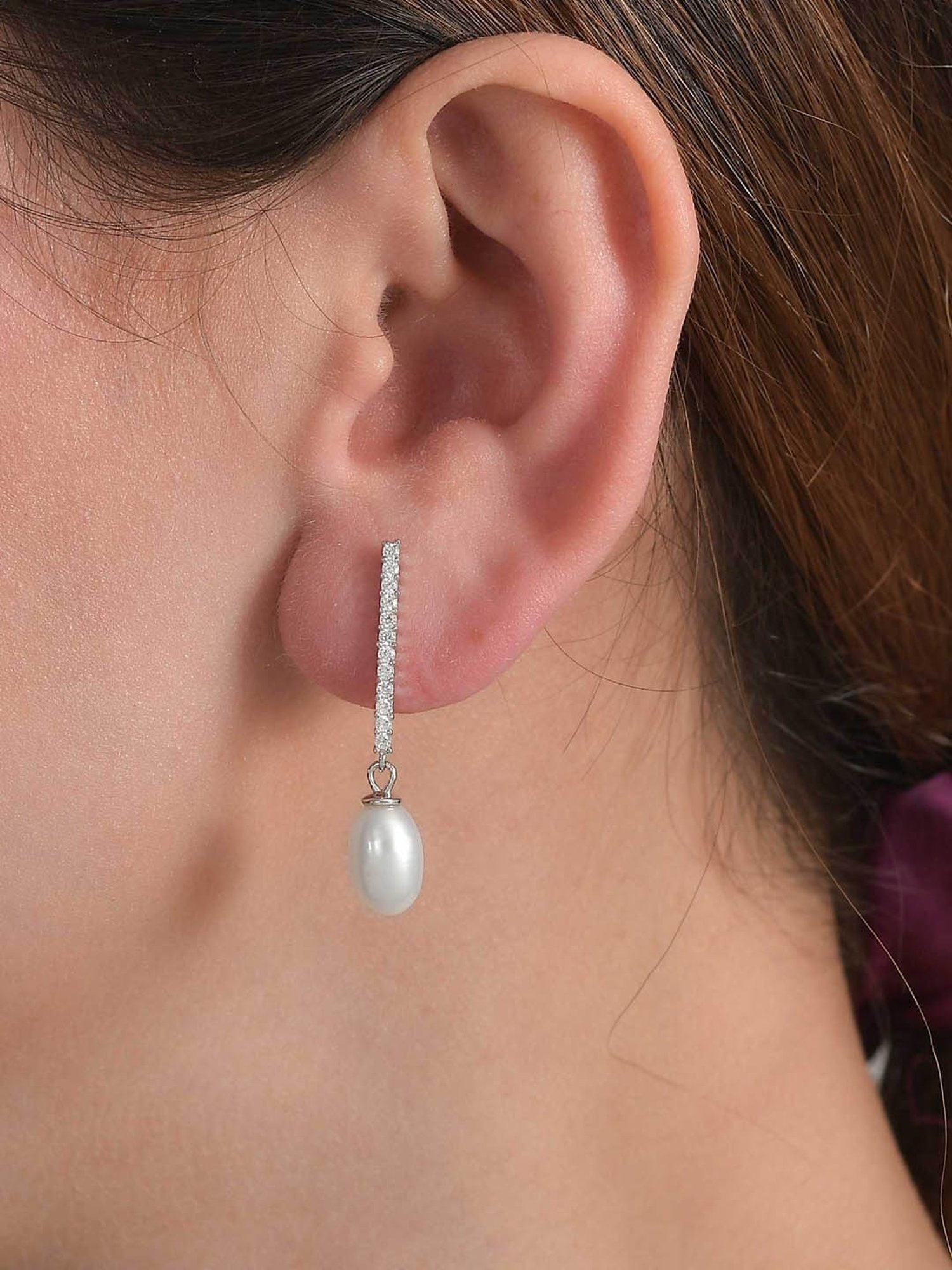 925 Silver Freshwater Pearl and American Diamond Drop Dangler Earrings for Women & Girls