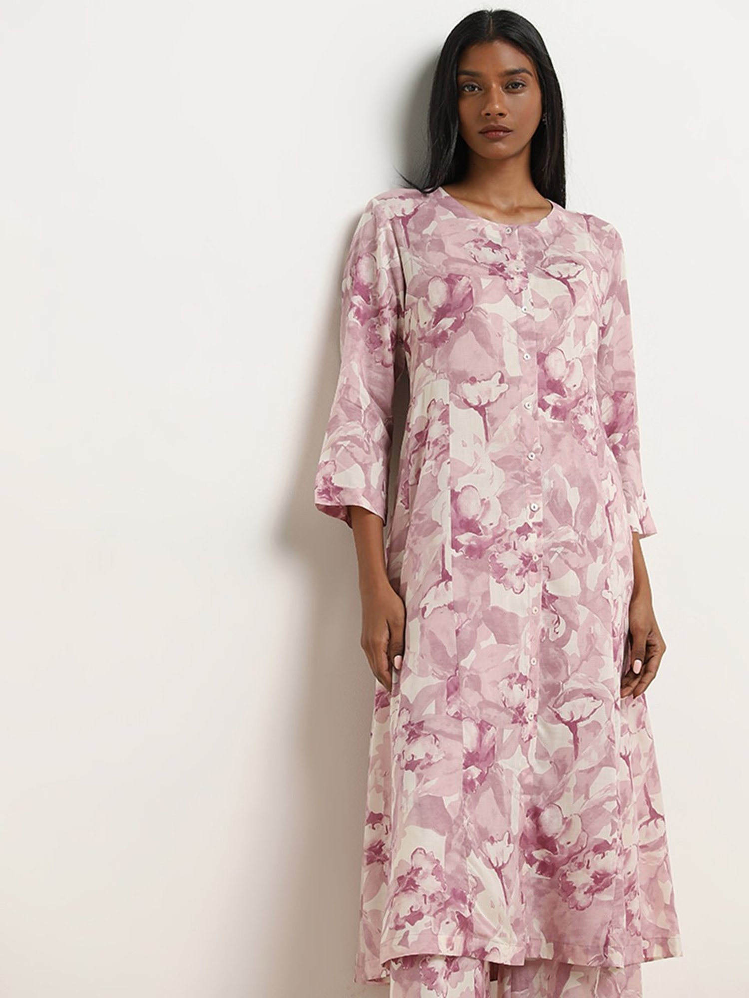 Zuba by Westside Mauve Floral Printed A-Line Kurta