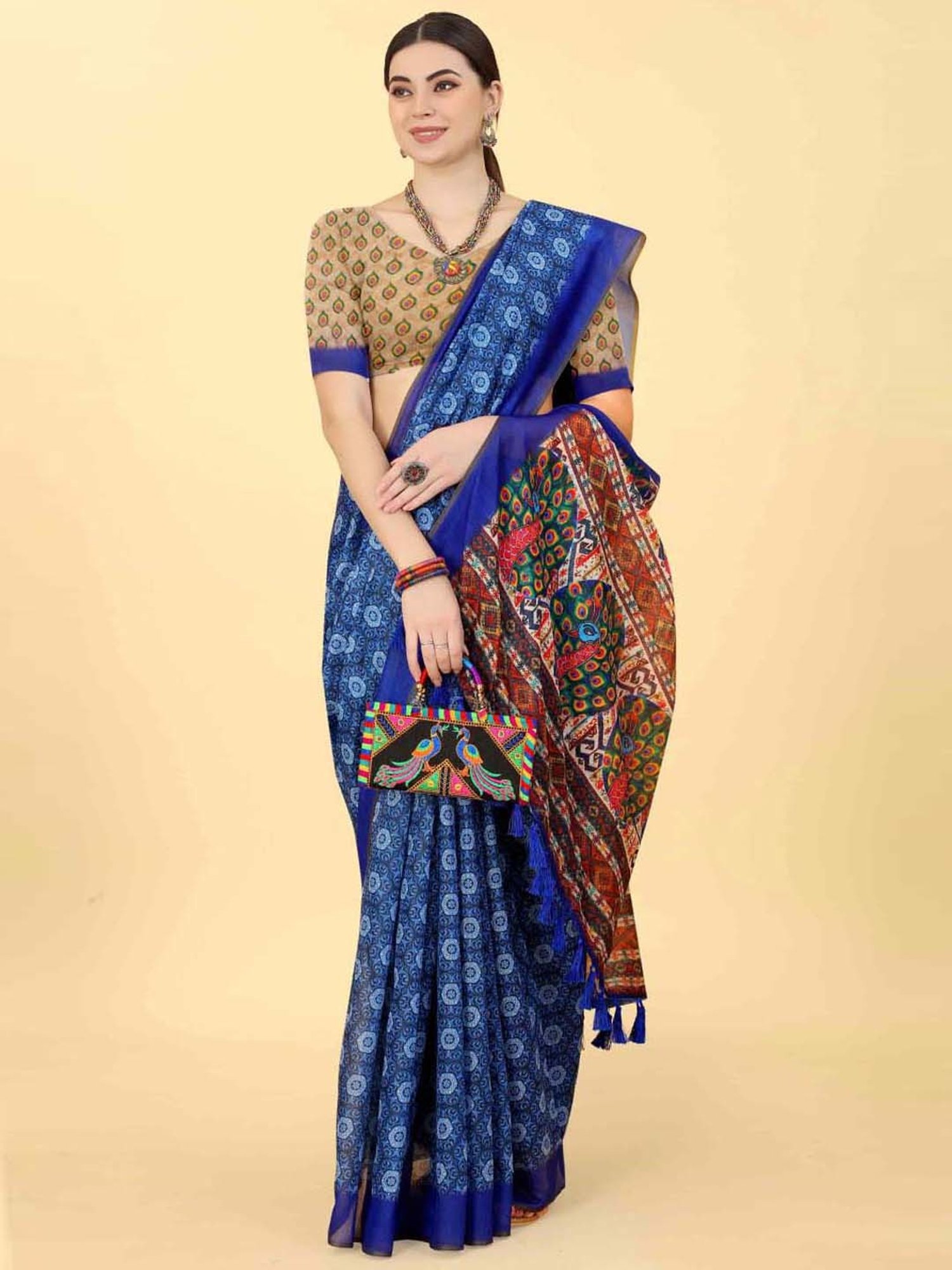 Silk Land Blue Printed Saree With Unstitched Blouse