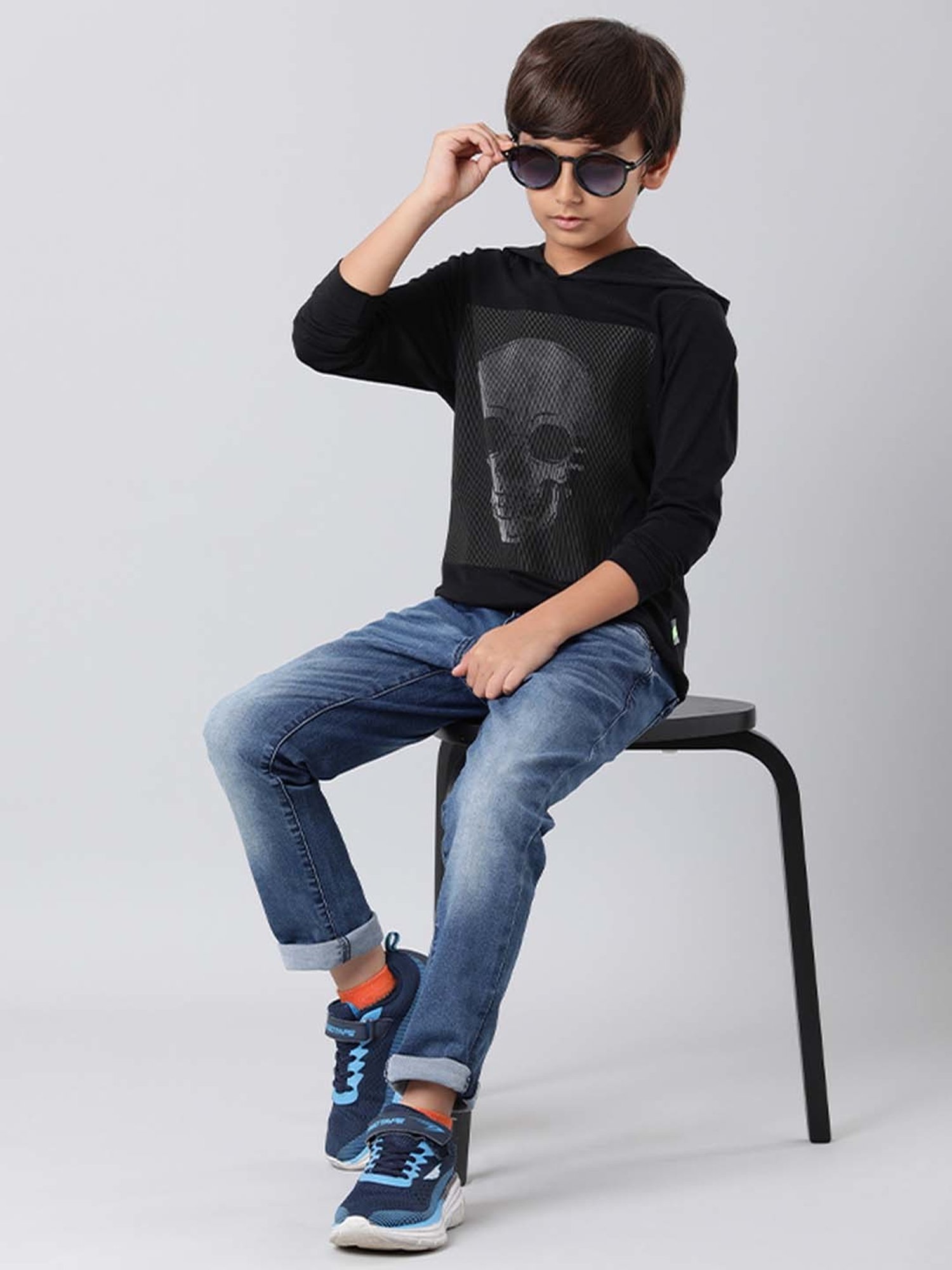 Indian Terrain Boys Black Cotton Printed Full Sleeves T-Shirt