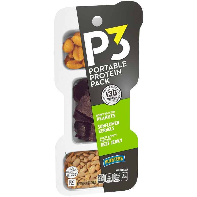P3 Honey Roasted Peanuts, Sunflower Kernels & Sweet & Spicy Teriyaki Beef Jerky Portable Protein Pack - 1.8oz