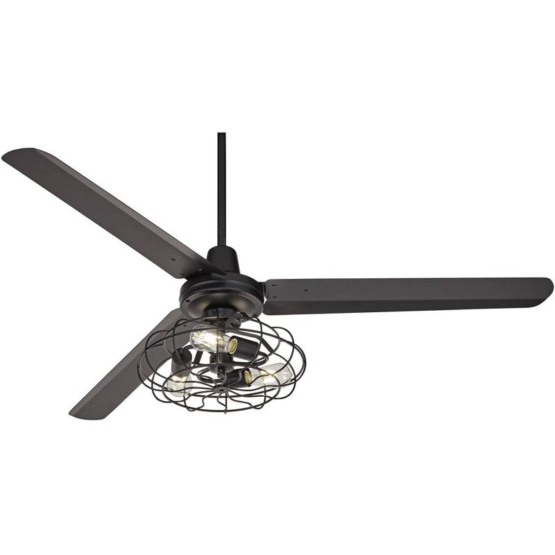 60" Casa Vieja Industrial 3 Blade Outdoor Ceiling Fan with Light Kit LED Remote Matte Black Metal Damp Patio Exterior House Porch