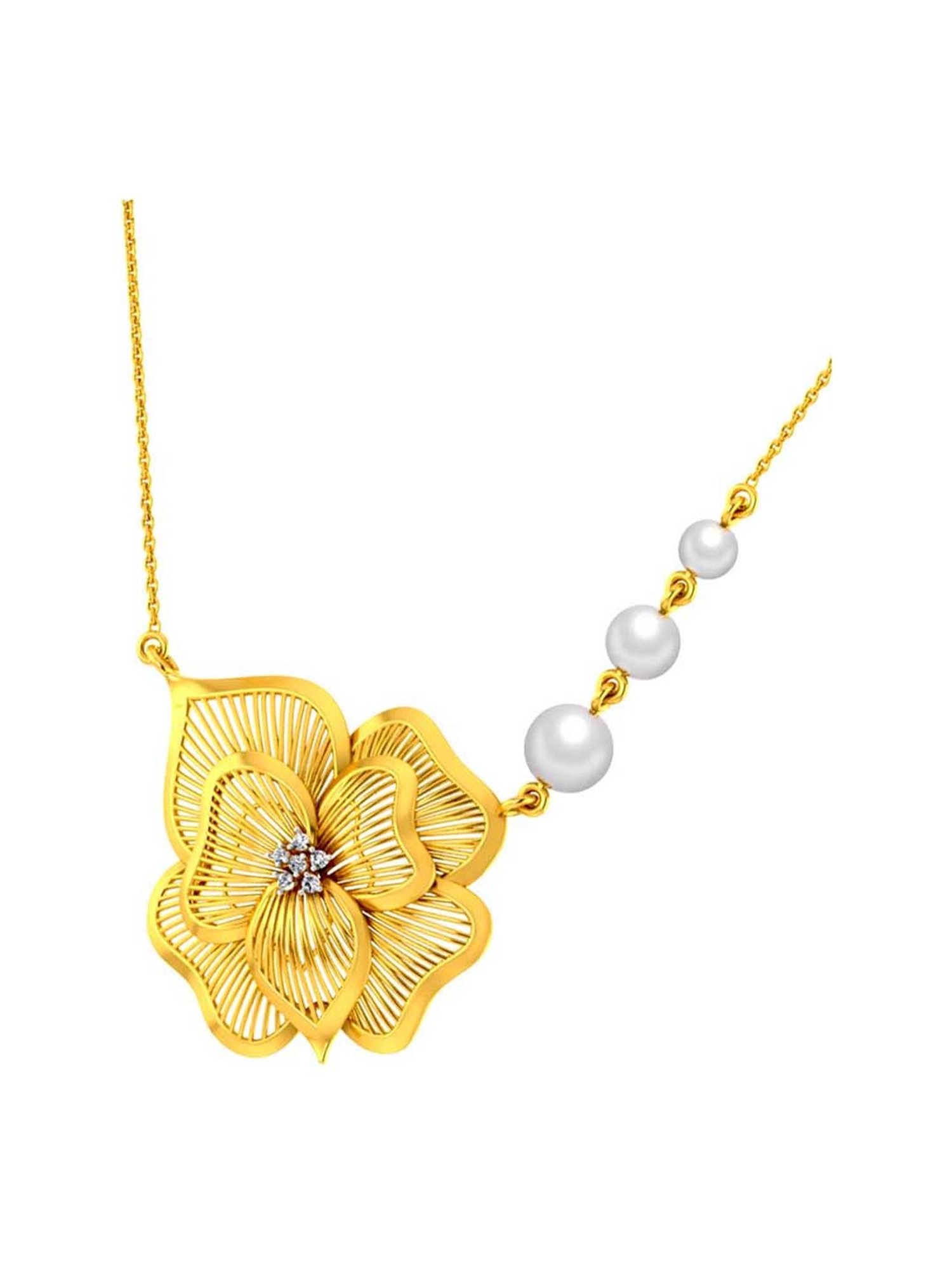 P.C. Chandra Jewellers 18k Gold Diamond Flower-shaped Necklace with 3 Pearls for Women & Girls