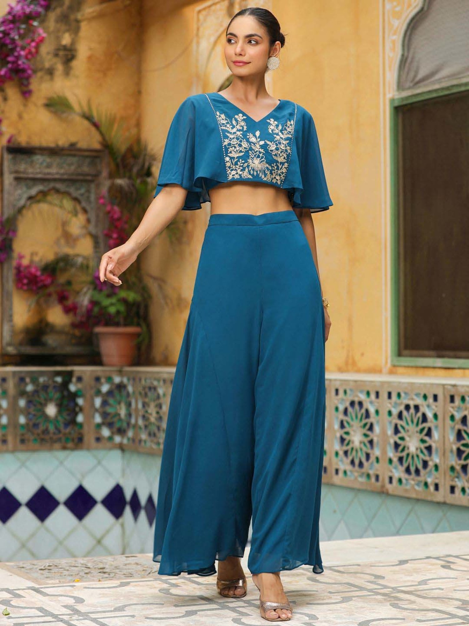 Janasya Teal Blue Embroidered Crop Top Palazzo Set