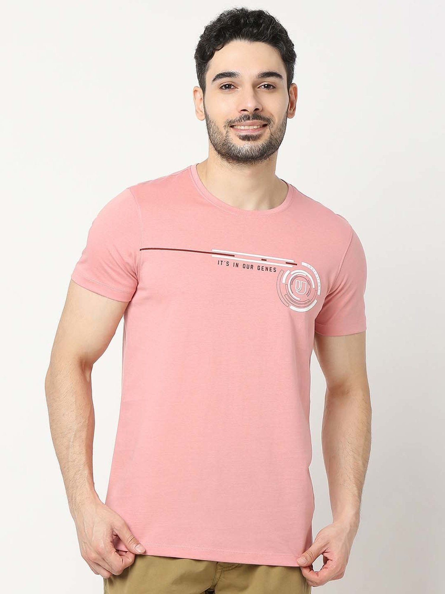 UnderJeans by Spykar Pink Regular Fit Printed Cotton Crew T-Shirt