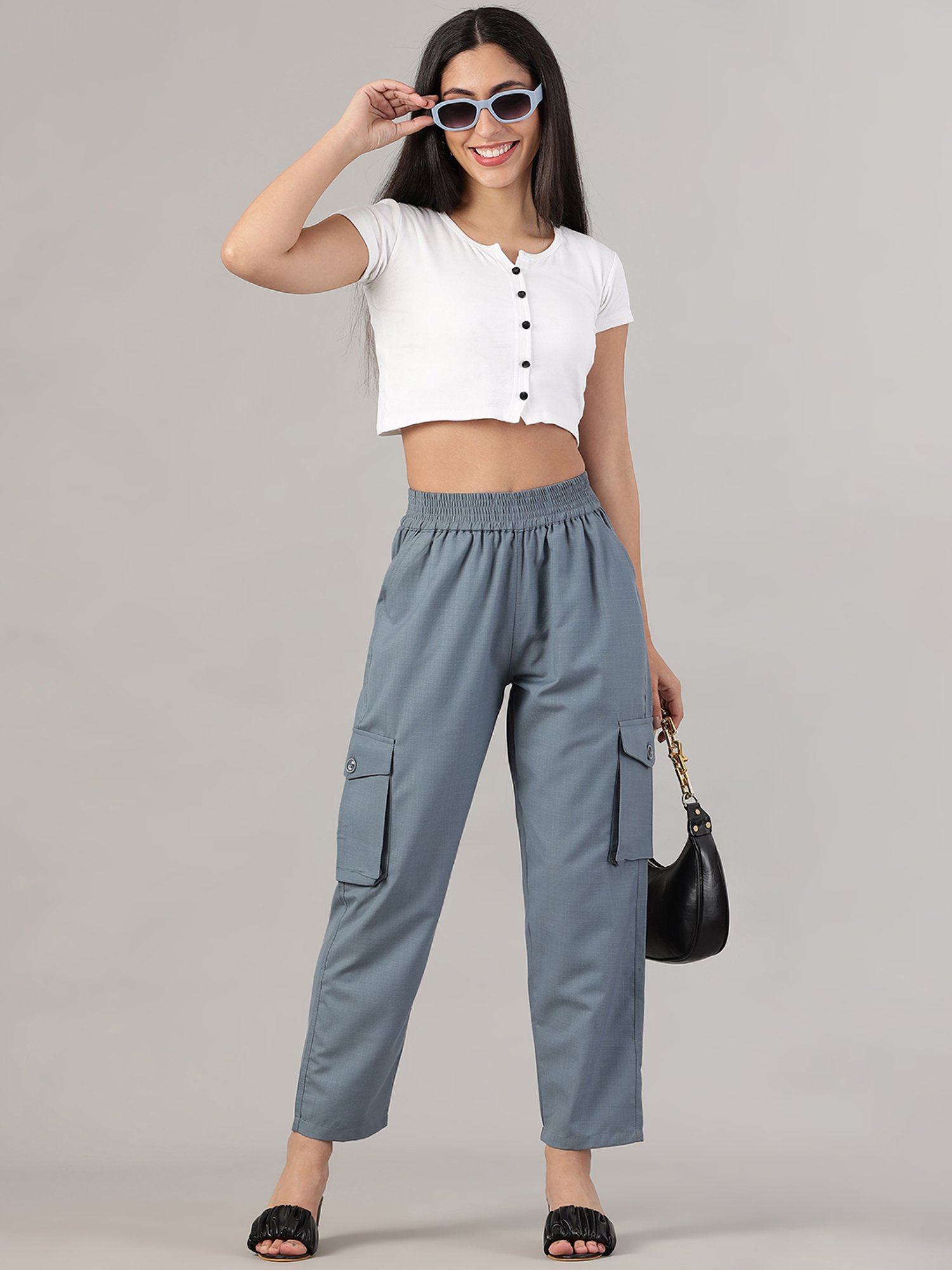 FITHUB Blue Regular Fit High Rise Cargo Pants