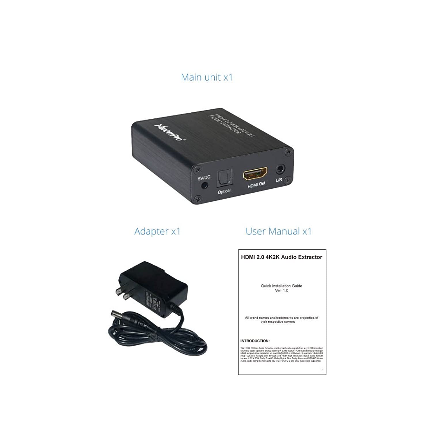 XtremPro HDMI to HDMI 4Kx2K 60Hz/50Hz W/Optical Toslink SPDIF, 3.5mm Earphone, Stereo, Speakeraudio Extractor Converter w/ TV, Bitstream, Lpcm 2 Ch Switch, HDMI Audio Splitter Adapter - Black (61042)