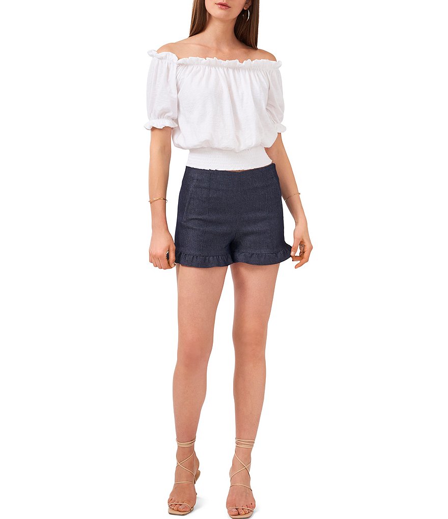 1. STATE Flat Front Ruffle Hem Denim Shorts