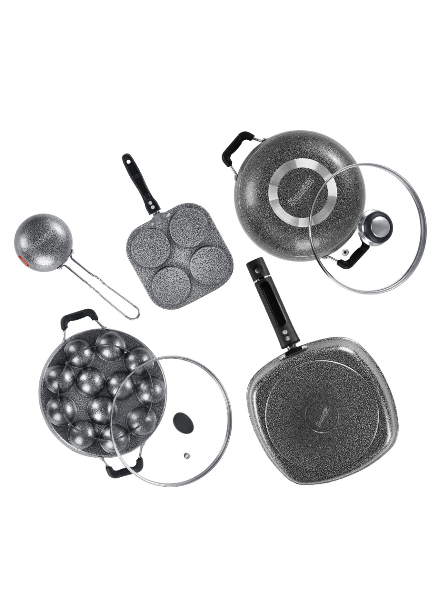 Sumeet NonStick Cookware Set-Snack Maker+Appam Patra & GlassLid+Kadhai & Glass Lid+Grill & Tadka pan