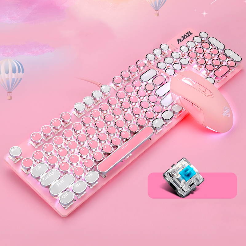 A-jazz Ergonomic Design,Cool Exterior USB Wired N-key Rollover Blue Switch Mechanical Gaming Keyboard And 2400DPI Mouse Combo For Office And Game - WhitePinkVersion