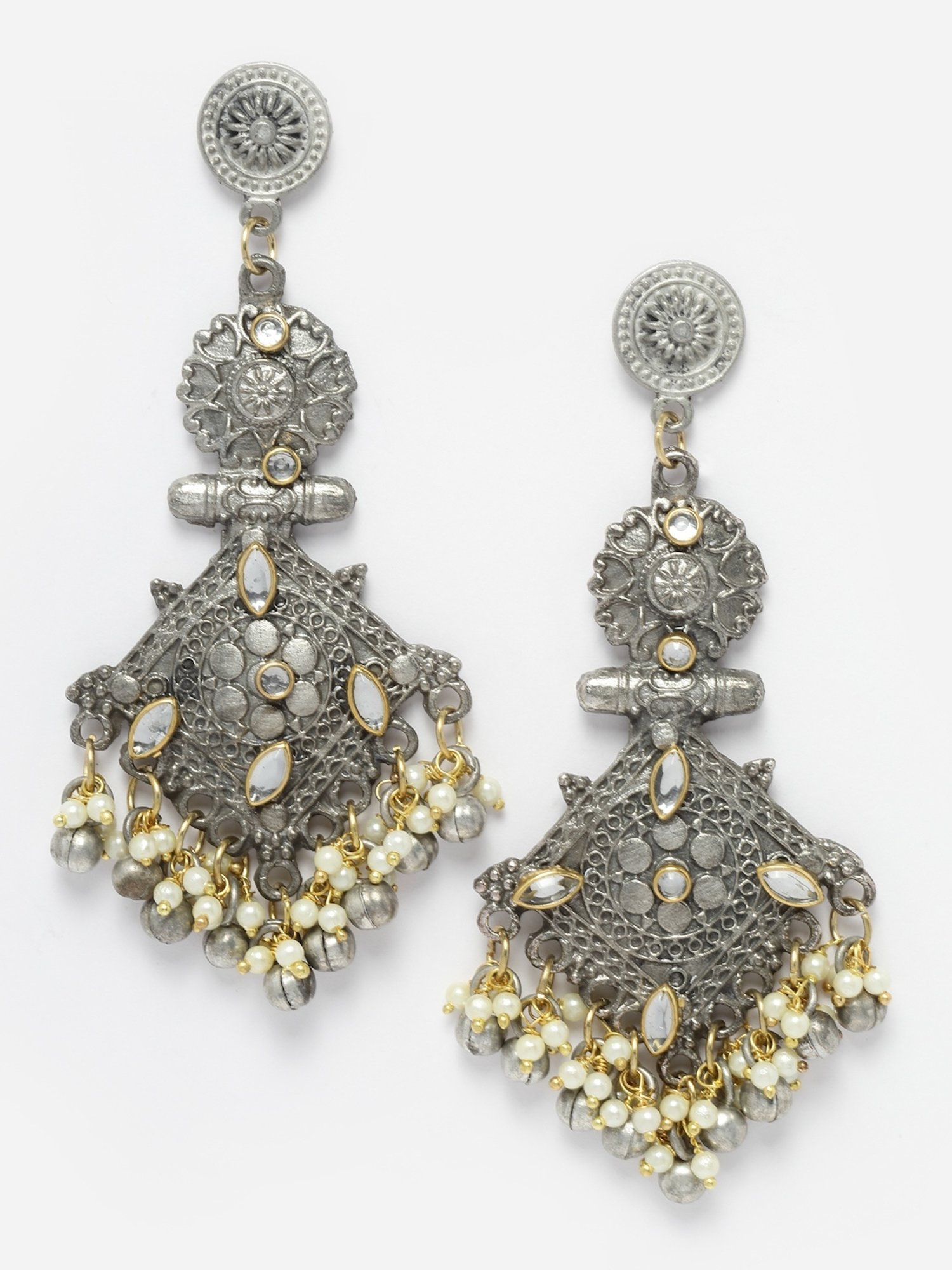 Moedbuille Crystal Ghungroo & Pearl Studded Antique Design Silver-Plated Tassel Dangler Earrings