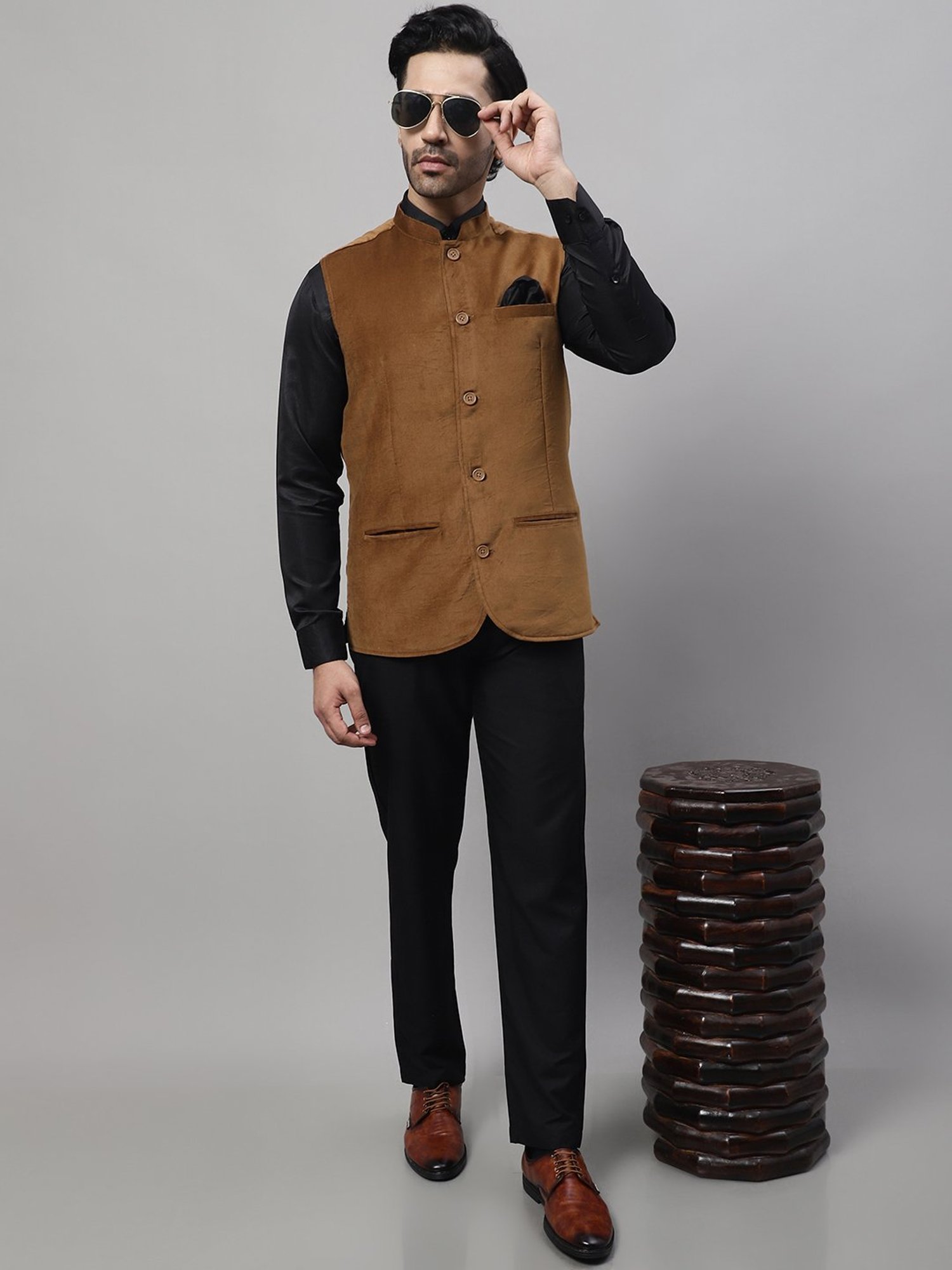 Even Brown Regular Fit Mandarin Collar Nehru Jacket