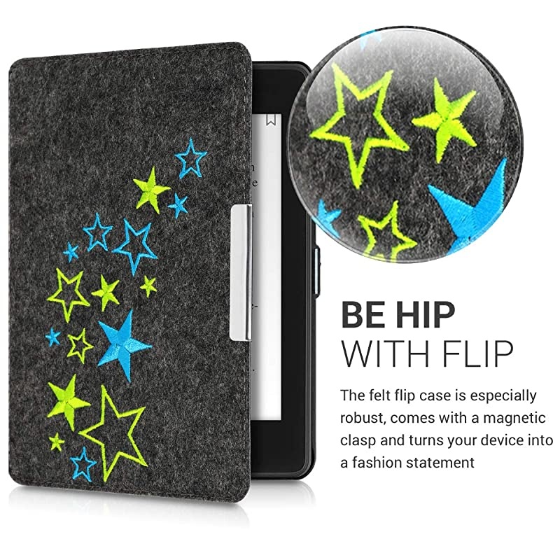 Case Compatible with  Kindle Paperwhite (10. Gen - 2018) - Book Style Felt Fabric Protective e-Reader Cover Folio Case - Star Mix Light Green/Blue/Dark Grey