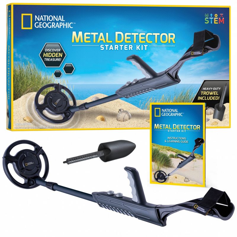 NATIONAL GEOGRAPHIC Junior Metal Detector for Kids, 7.5" Waterproof Dual Coil, Adjustable, Lightweight, Rugged Sand Trowel, Great for Beginners