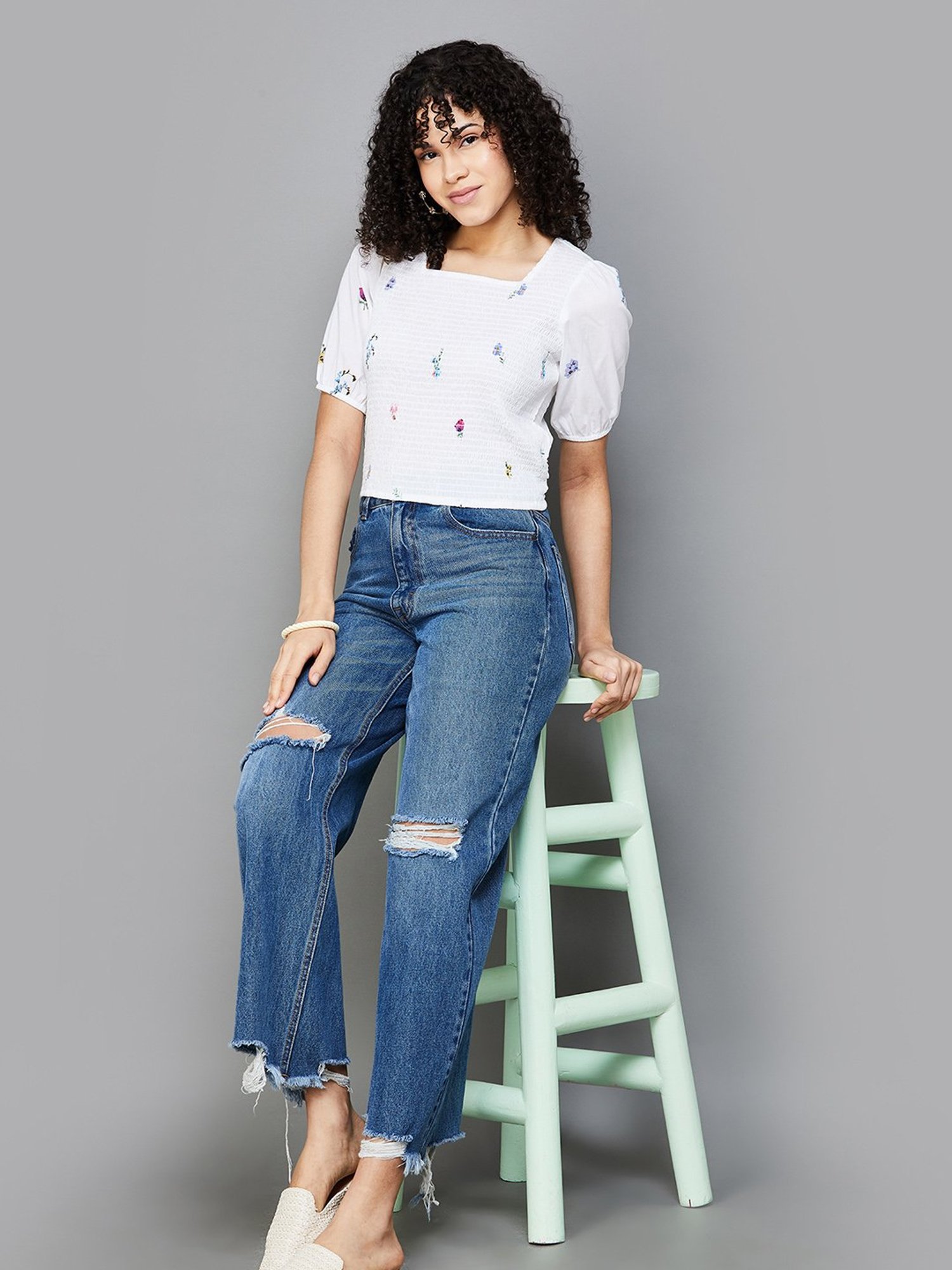 Colour Me by Melange White Cotton Floral Print Crop Top