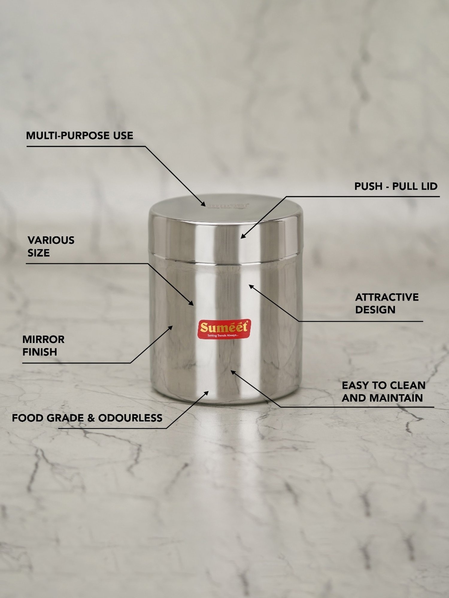 Sumeet S.S. Small Canisters/Jars/Ubha Dabba/Storage Containers set of 6Pcs, 750ml each, 9.5cm